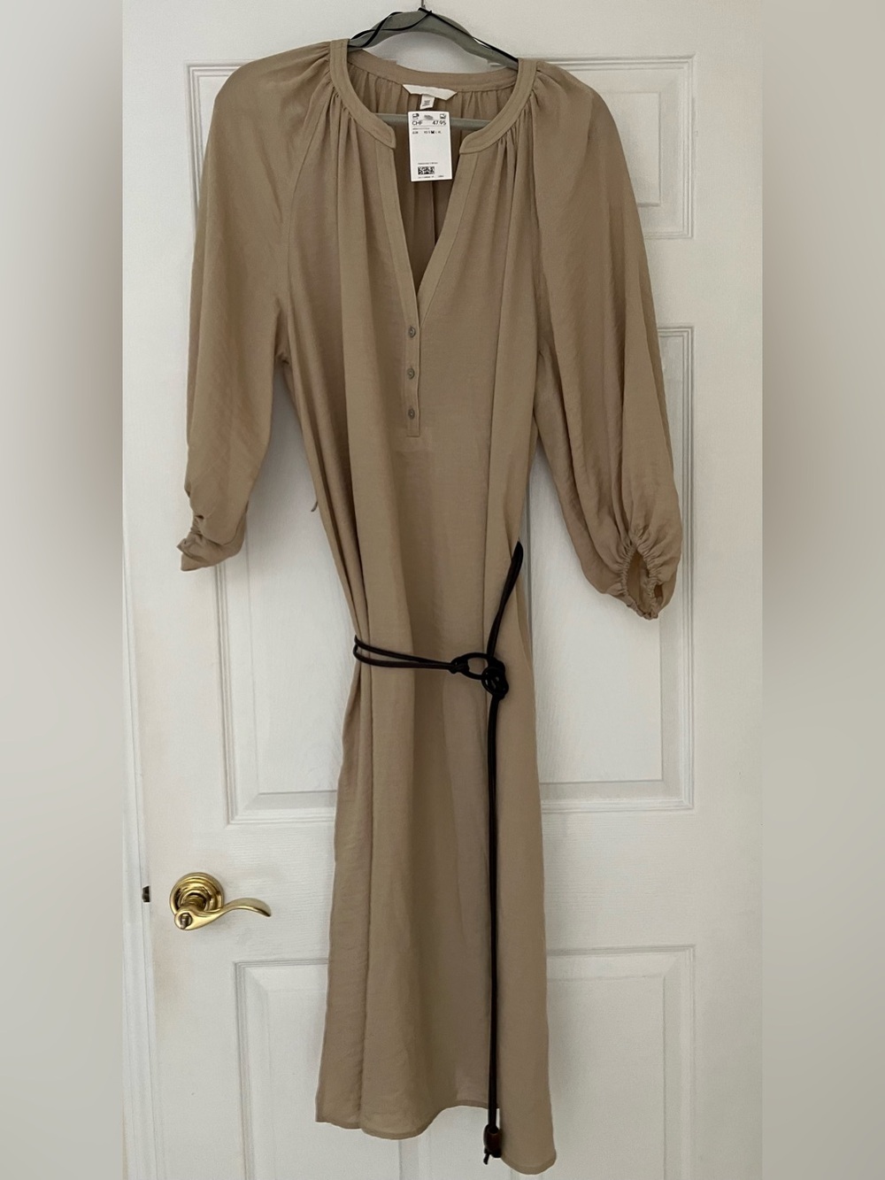 H&M SAND TIE-BELT BALLOON-3/4 SLEEVED DRESS SIDE SLITS NWT Medium